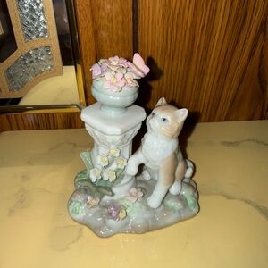 Porcelain Cat Figurine with Pink Floral Decor